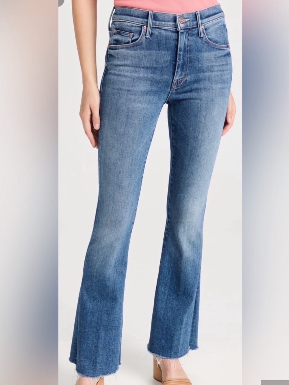 Mother the weekender fray jeans, size 24 flare, raw hem, blue color